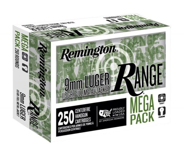 Remington Ammunition Range Ammo Brass 9mm 250-Round 115 Grain FMJ